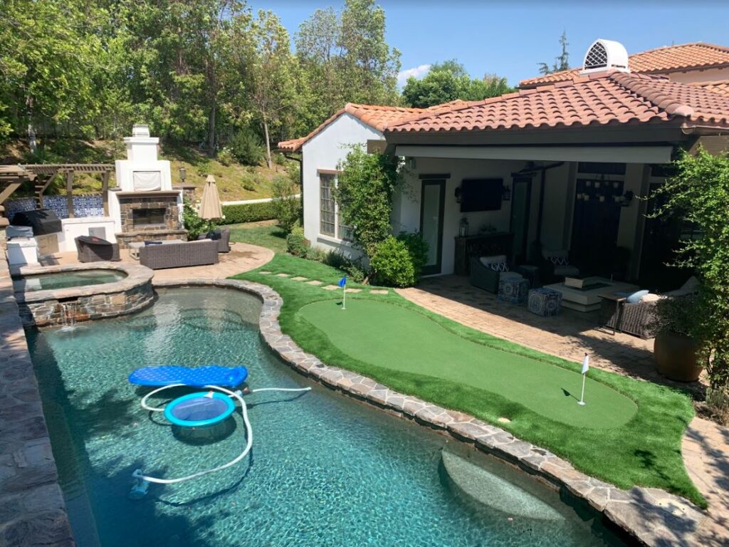 Pool deck pavers and turf project in Newbury Park by Evergreen Landscaping