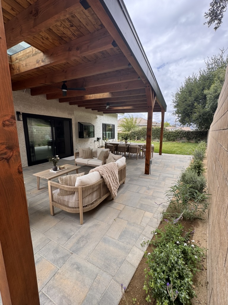 Covered patio and paver hardscape project in Westlake Village by Evergreen Landscaping