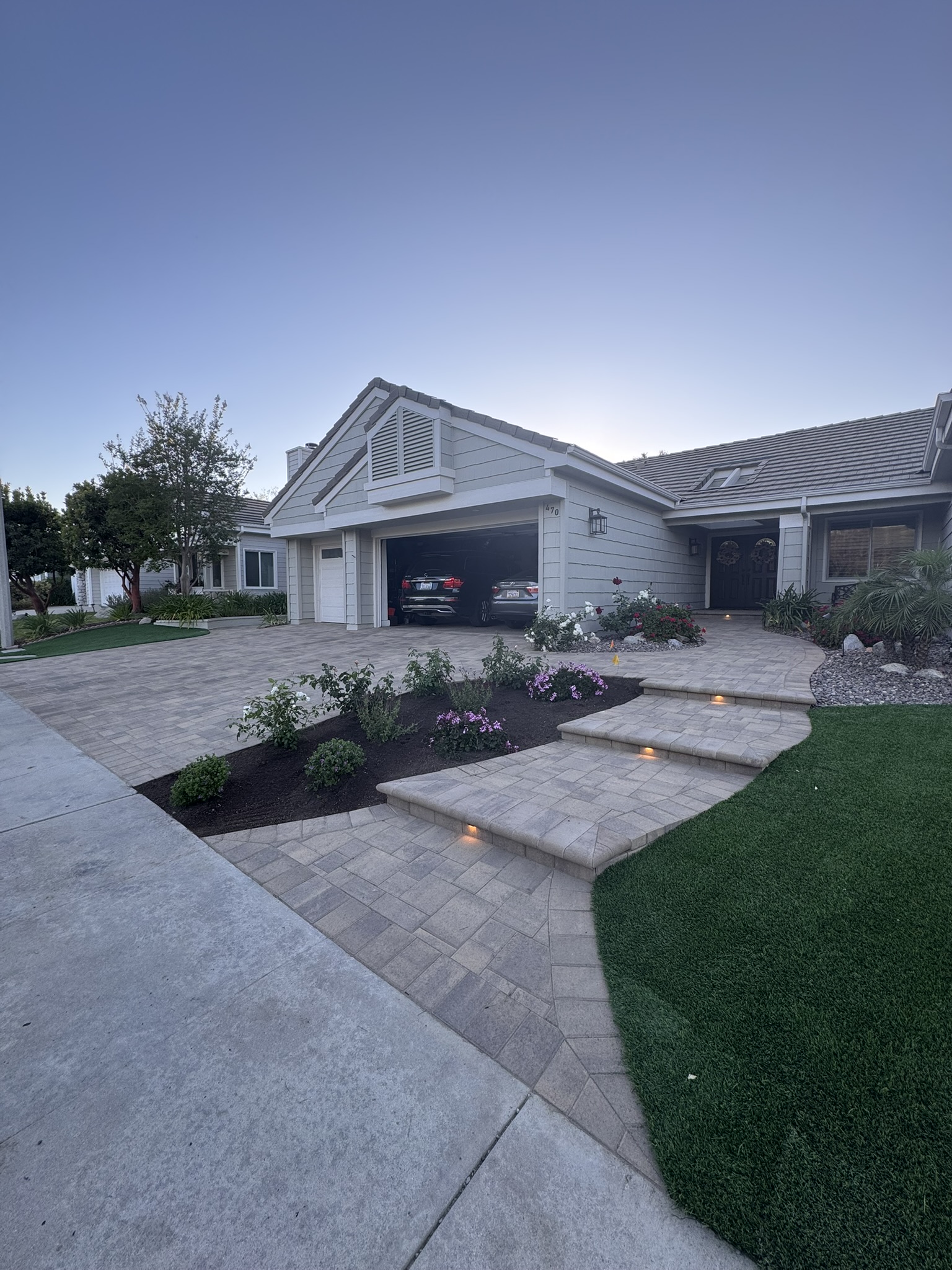 Front yard pavers and artificial turf project in Westlake Village by Evergreen Landscaping